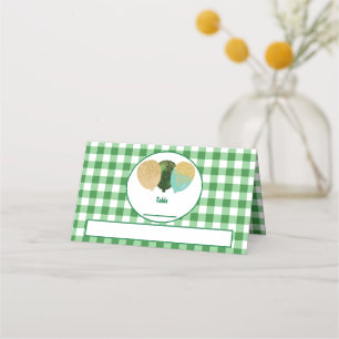 Green Gingham Glitter Balloons Folded Table Place Card