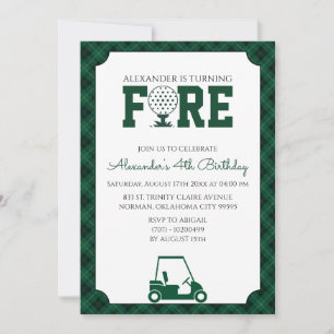 Green Gingham Golf 4th Birthday Party Invitation