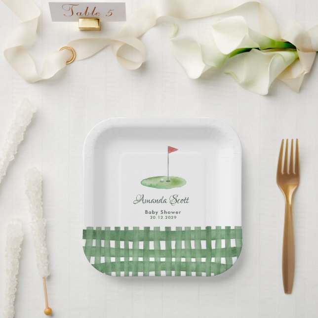Green Gingham Golf Baby Shower Paper Plate (Wedding)