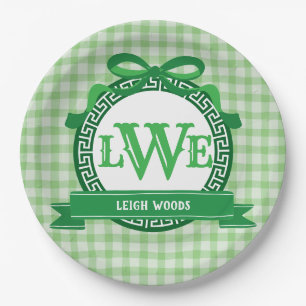 Green Gingham Greek Key Bow Full Monogram Paper Plate