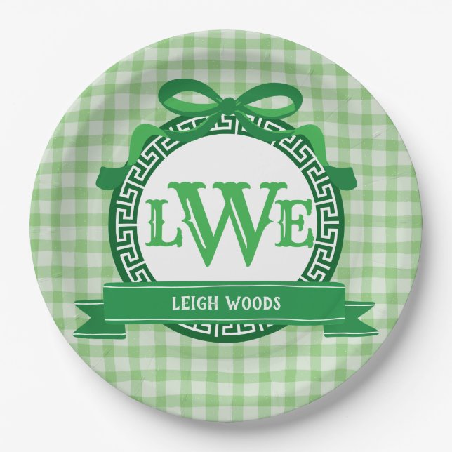 Green Gingham Greek Key Bow Full Monogram Paper Plate (Front)