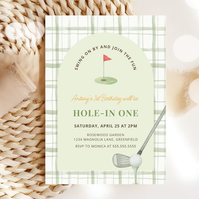Green Gingham Hole in One Golf Birthday Invitation (Creator Uploaded)