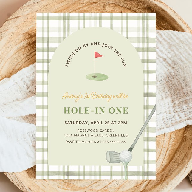 Green Gingham Hole in One Golf Birthday Invitation (Creator Uploaded)