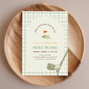 Green Gingham Hole in One Kids Golf First Birthday Invitation
