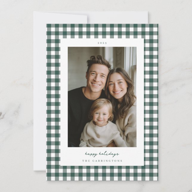 Green Gingham Holiday Photo Card (Front)