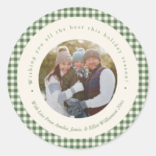 Green Gingham Holiday Photo Frame Elegant Classic Round Sticker
