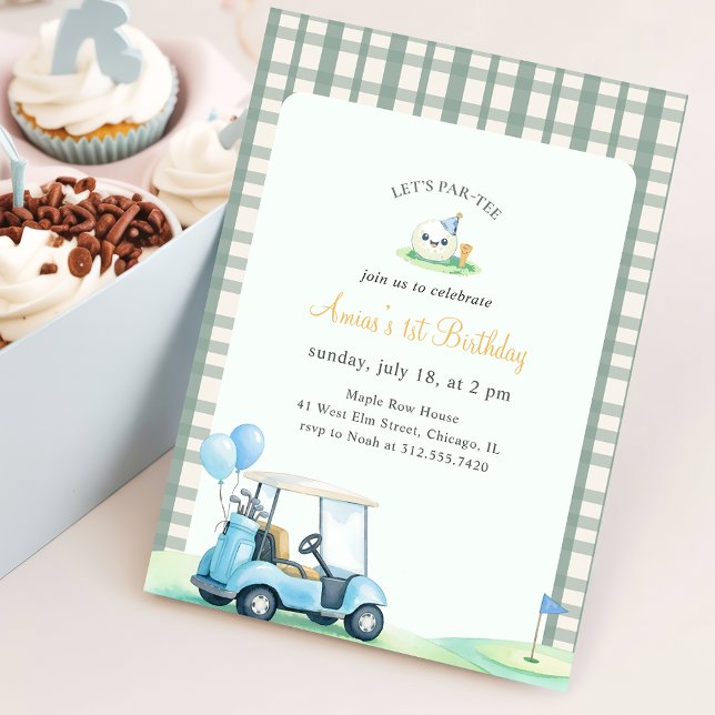 Green Gingham Kids Golf First Birthday Invitation (Creator Uploaded)