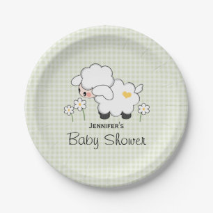 Green Gingham Lamb Baby Shower Paper Plate