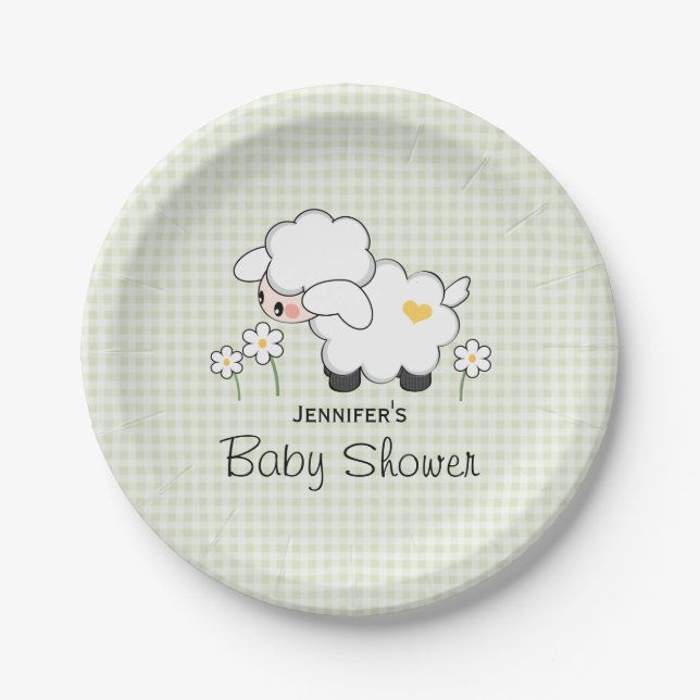 Green Gingham Lamb Baby Shower Paper Plate (Front)