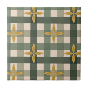 Green Gingham & Leaves Ceramic Tile