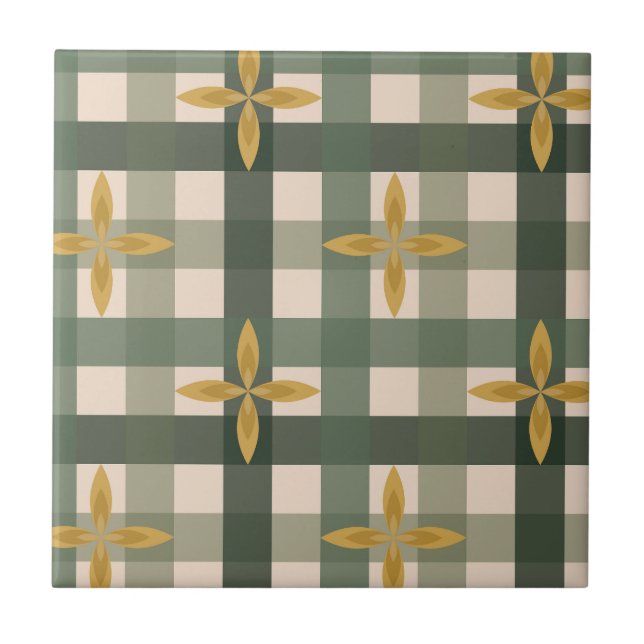 Green Gingham & Leaves Ceramic Tile  (Front)