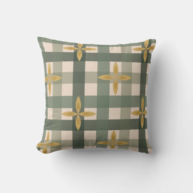 Green Gingham & Leaves Throw Pillow  (Front)
