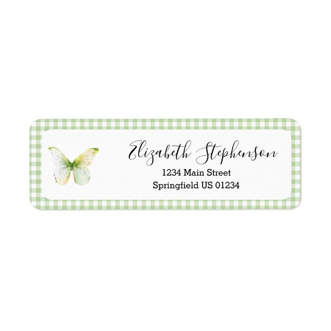 Green Gingham Little Butterfly Return Address Label (Front)