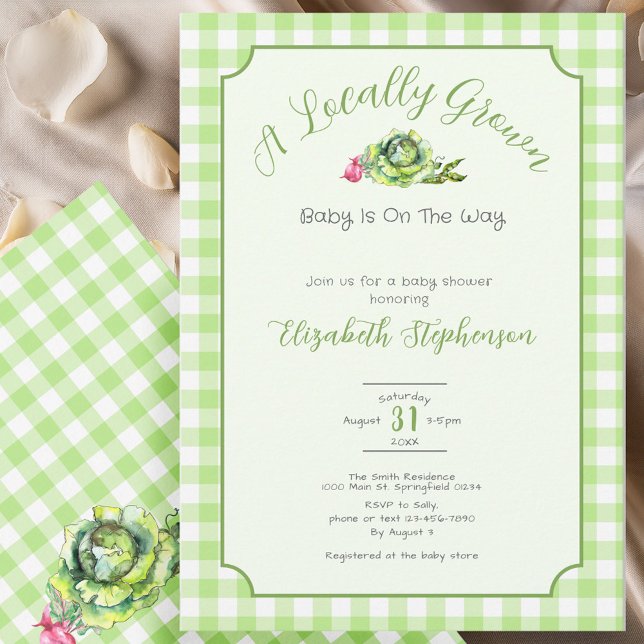 Green Gingham Locally Grown Baby Shower Invitation (Creator Uploaded)