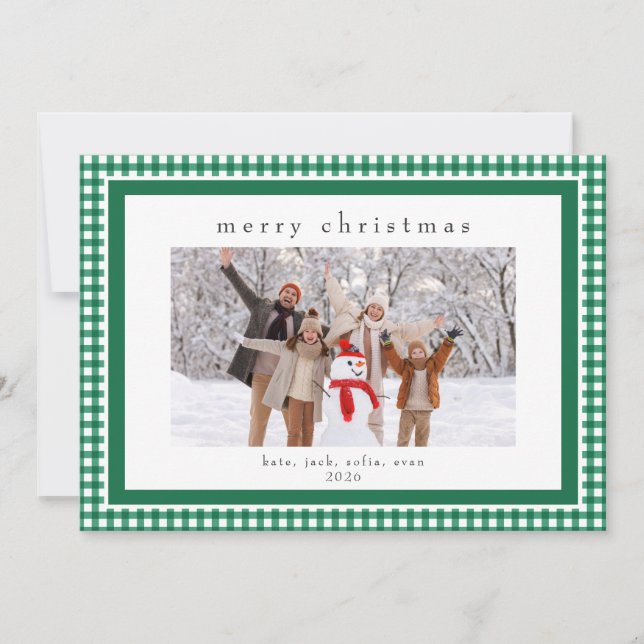 Green Gingham Message Back Holiday 2 Photo Card (Front)