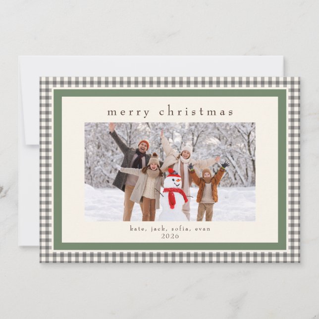 Green Gingham Message Back Holiday 2 Photo Card (Front)
