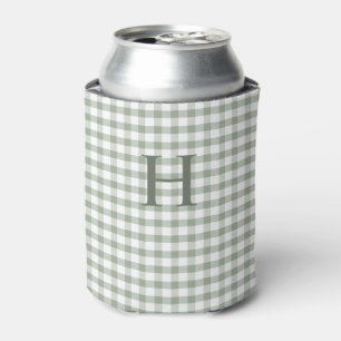 Green Gingham Modern Monogram Can Cooler
