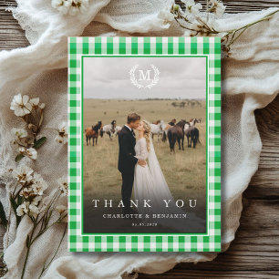 Green Gingham Monogram Crest 2 Photo  Thank You Card