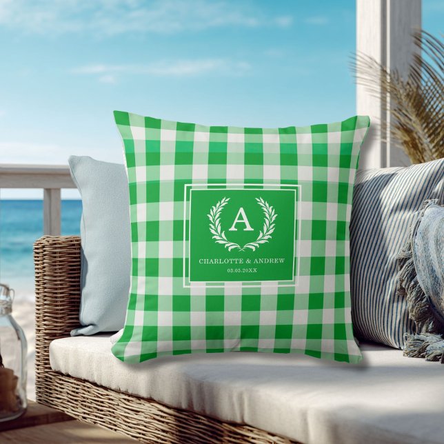 Green Gingham Monogram Crest Cushion (Green Gingham Monogram Crest Throw Pillow)