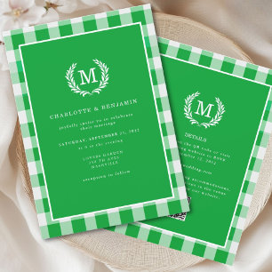 Green Gingham Monogram Crest QR Code Invitation