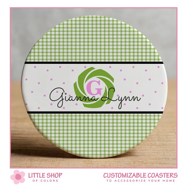 Green Gingham Monogram Round Paper Coaster (Creator Uploaded)
