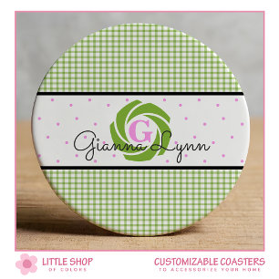 Green Gingham Monogrammed Round Paper Coaster