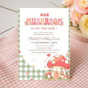 Green Gingham Mushroom Gender Neutral Baby Shower Invitation