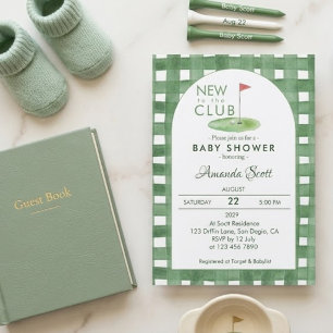 Green Gingham New To The Club Golf Baby Shower Invitation