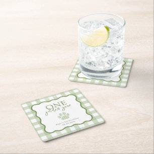 Green Gingham One Golden Year First Birthday Square Paper Coaster