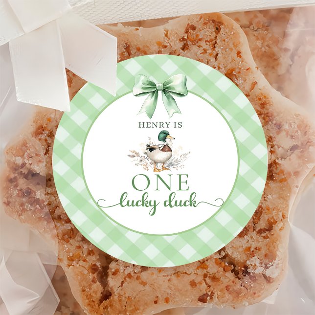 Green Gingham One Lucky Duck 1st Birthday Sticker (Creator Uploaded)