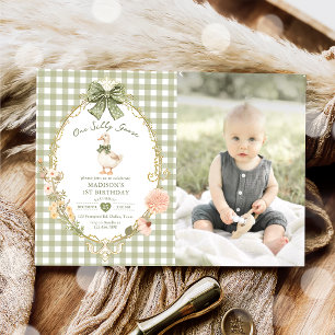Green Gingham One Silly Goose 1st Birthday Photo Invitation