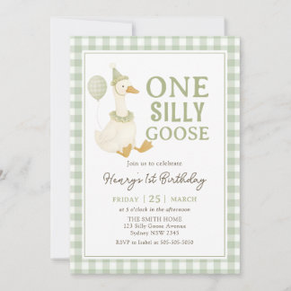Green Gingham One Silly Goose Birthday Invitation