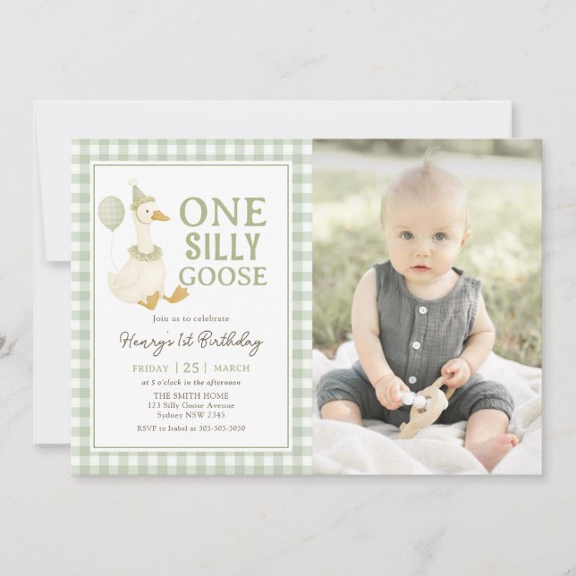 Green Gingham One Silly Goose Birthday Photo Invitation (Front)
