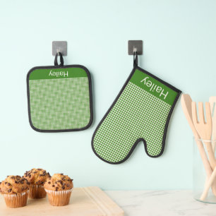 Green Gingham Oven Mitt & Pot Holder Set