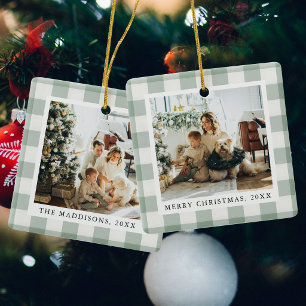 Green Gingham Pattern Christmas Family Photos Ceramic Ornament