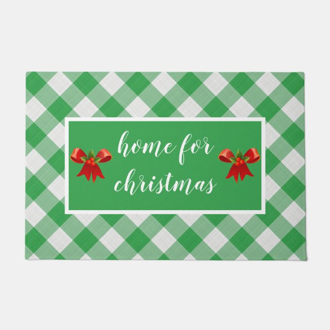 Green Gingham Pattern Home for Christmas Custom Doormat (Front)