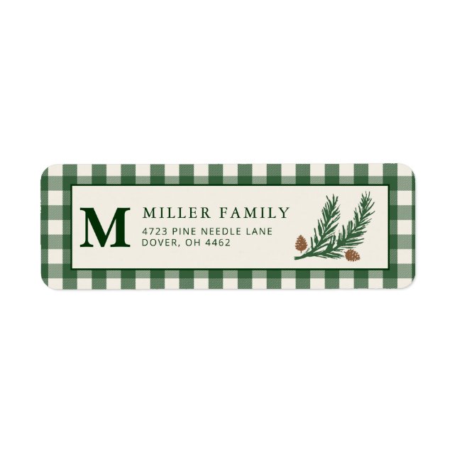 Green Gingham Pinecone Return Address Label (Front)