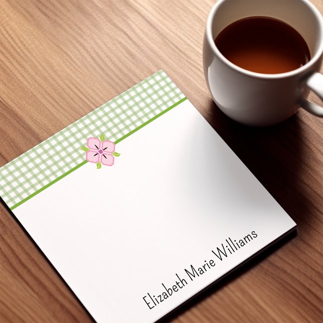 Green Gingham Pink Floral Personalised Post-it Notes (Creator Uploaded)
