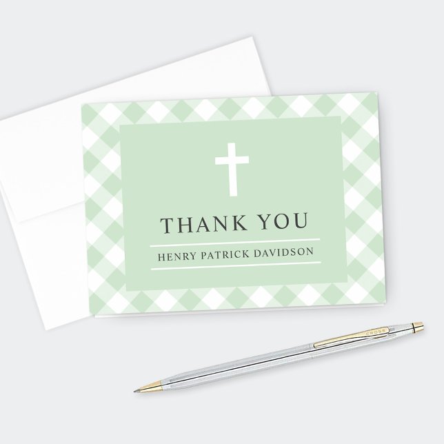 Green Gingham Plaid Boy First Communion Thank You  Card (Creator Uploaded)