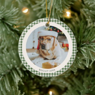 Green Gingham Plaid Custom Dog Pet Photo Christmas Ceramic Ornament