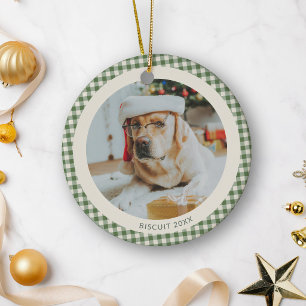 Green Gingham Plaid Custom Dog Pet Photo Christmas Ceramic Ornament