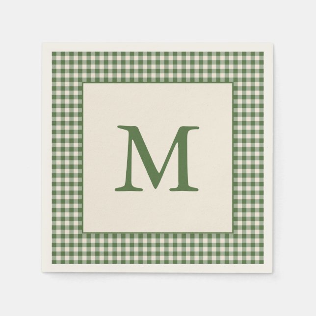Green Gingham Plaid Custom Monogram Initial Letter Napkin (Front)