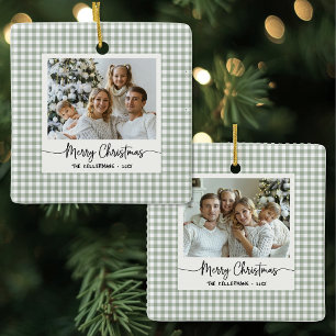 Green Gingham Plaid Cute Custom Photo Christmas Ceramic Ornament