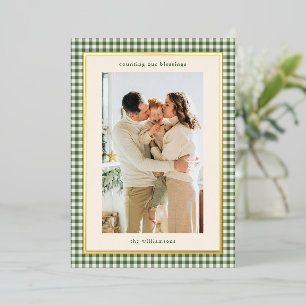 Green Gingham Plaid Gold Christmas Blessings Foil Holiday Card
