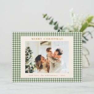 Green Gingham Plaid Gold Christmas Photo Letter Holiday Card