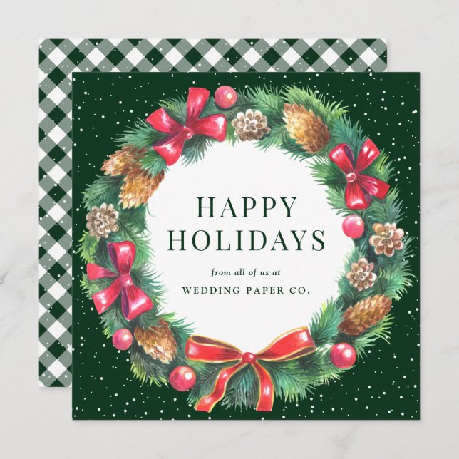 Green Gingham Plaid Holly Berries Wreath Business Holiday Card (Front/Back)