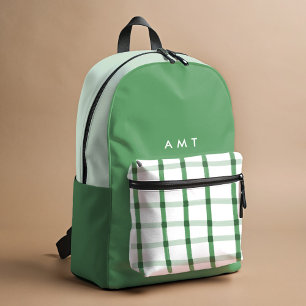 Green Gingham Plaid Personalised Name Initials Printed Backpack