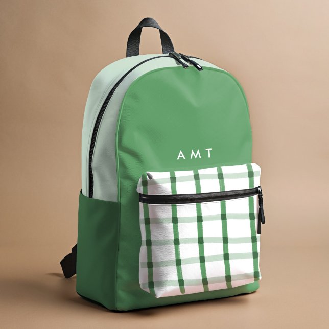 Green Gingham Plaid Personalised Name Initials Printed Backpack (Green and white hand-drawn plaid personalized school backpack.)