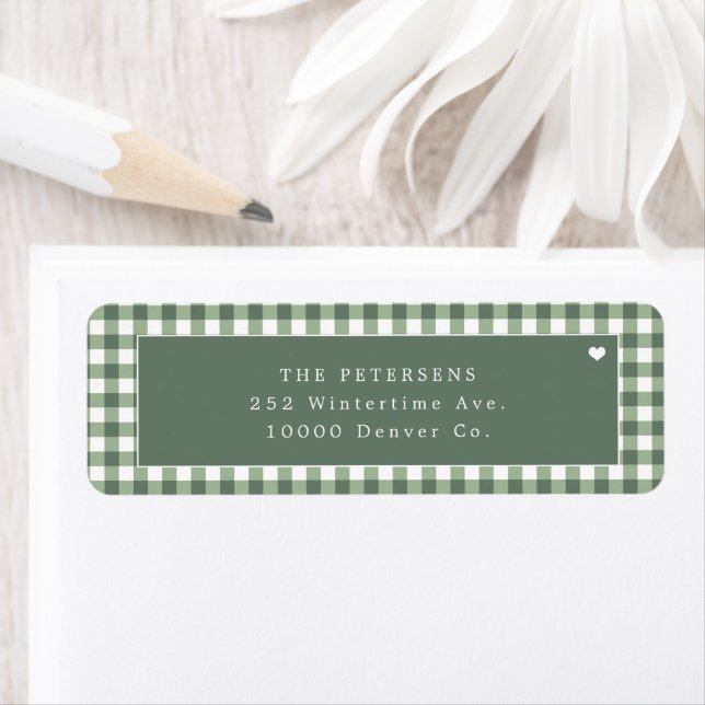 Green gingham plaid personalised return address label (Insitu)
