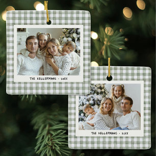 Green Gingham Plaid Two Photo Christmas Ceramic Ornament